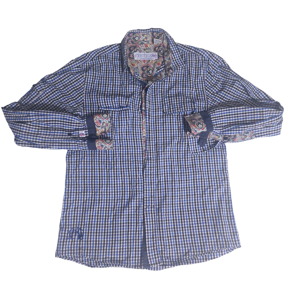 John Lennon Mens Blue Gingham Paisley Trim Cotton Button Down Shirt Size M